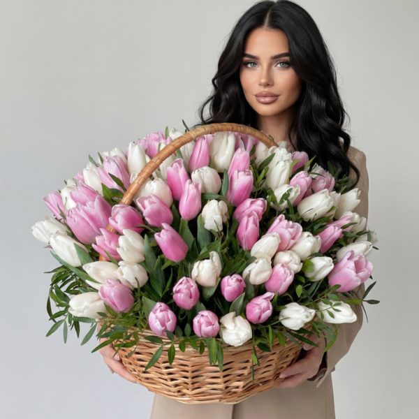 Большая корзина тюльпанов в нежной гамме