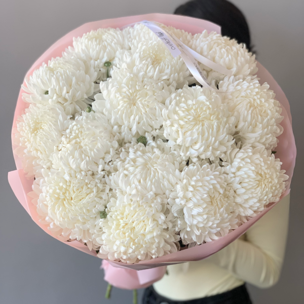 Монобукет из 15 белых пушистых хризантем