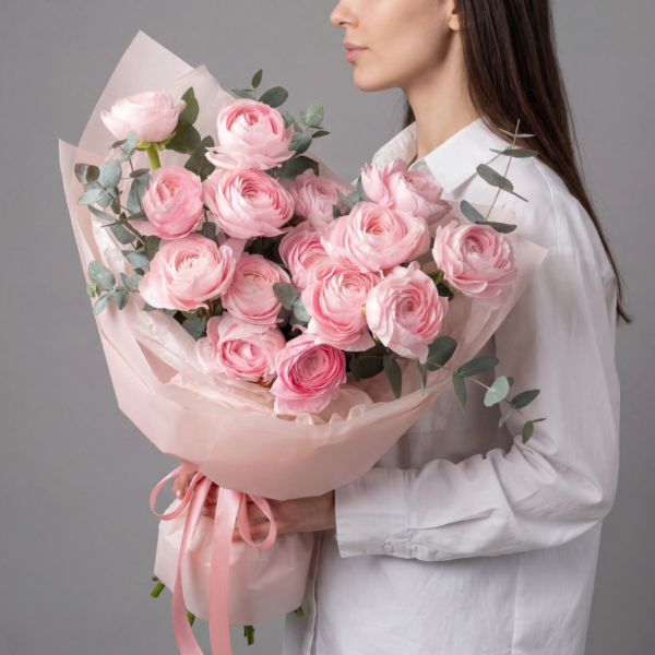 Монобукет из 15 розовых ранункулюсов с эвкалиптом
